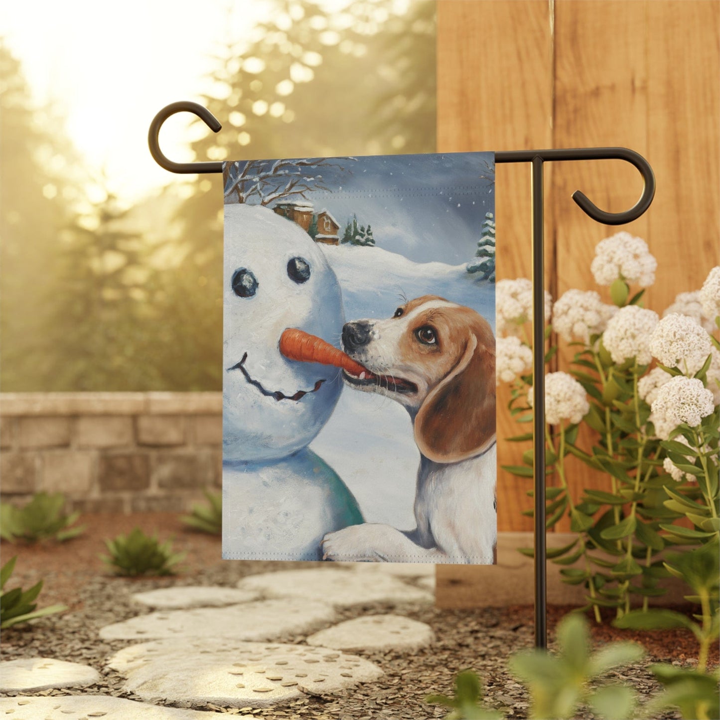 Printify Home Decor Funny Beagle Dog Yard Flag, Winter Dog Yard Decor, Snowman Carrot Dog Sign Outdoor Snow