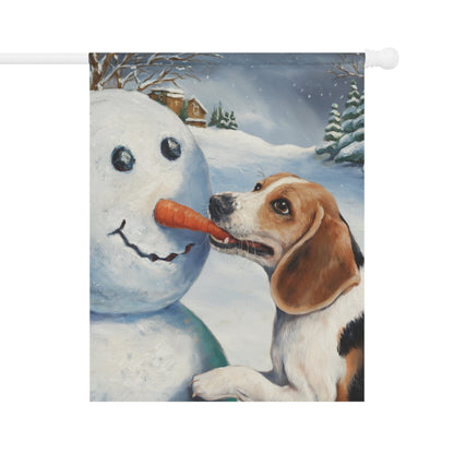 Printify Home Decor 24.5'' × 32'' Funny Beagle Dog Yard Flag, Winter Dog Yard Decor, Snowman Carrot Dog Sign Outdoor Snow