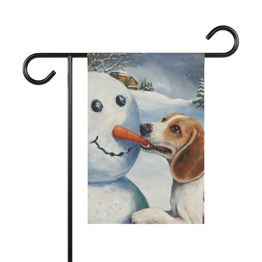 Printify Home Decor 12'' × 18'' Funny Beagle Dog Yard Flag, Winter Dog Yard Decor, Snowman Carrot Dog Sign Outdoor Snow