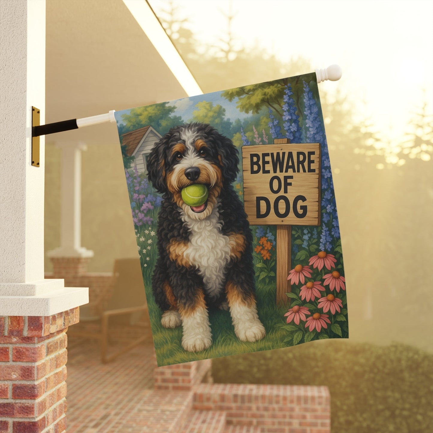 Printify Garden Flag Funny Bernedoodle Doodle Garden Flag, Beware Dog Front Yard Decor Sign Outdoor