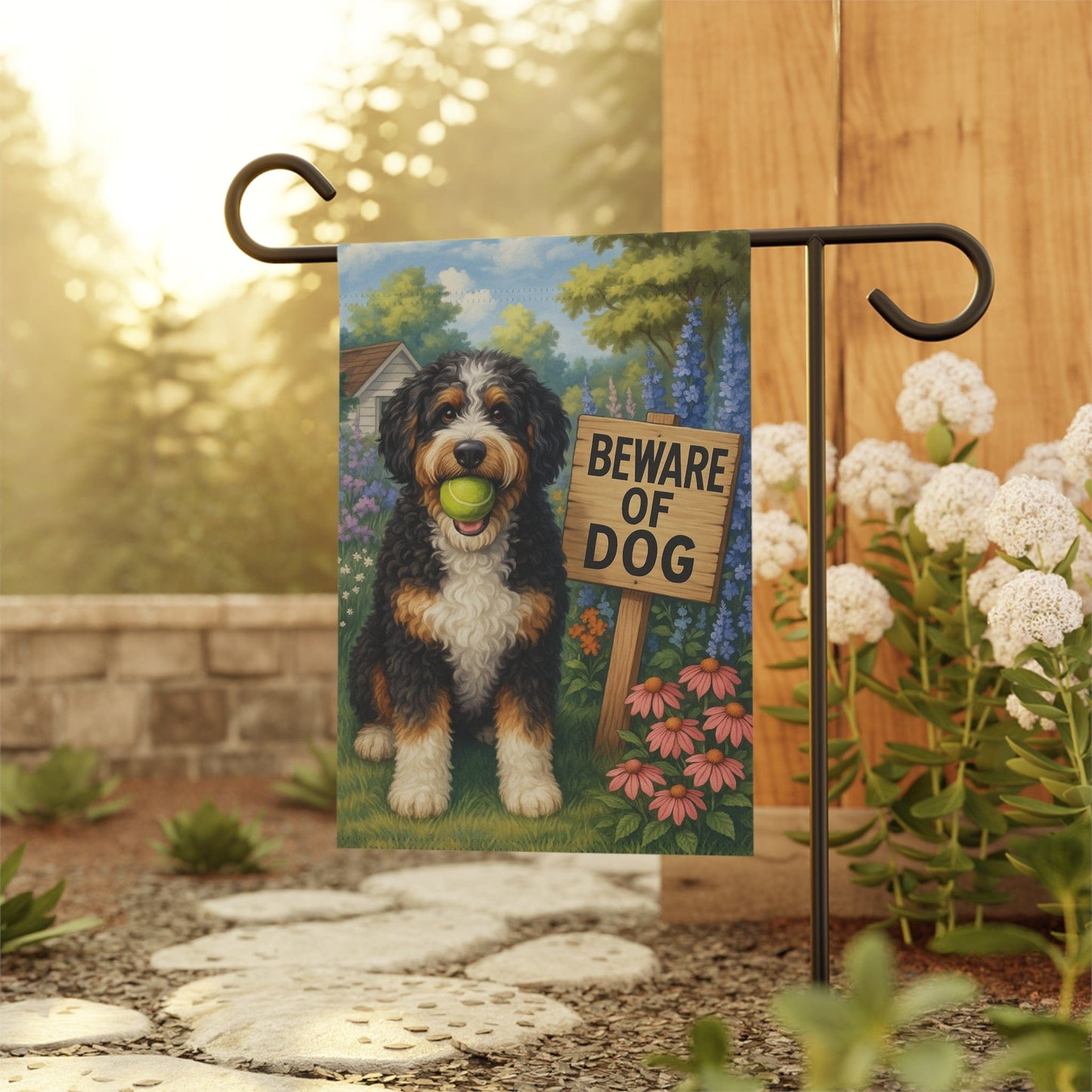 Printify Garden Flag Funny Bernedoodle Doodle Garden Flag, Beware Dog Front Yard Decor Sign Outdoor