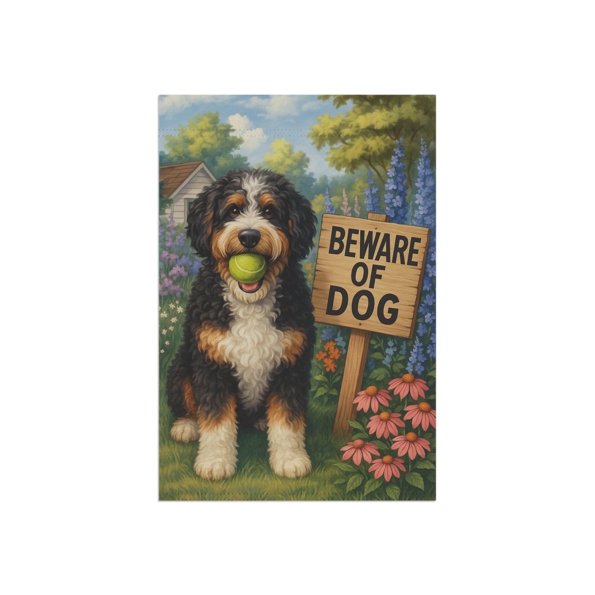Printify Garden Flag Funny Bernedoodle Doodle Garden Flag, Beware Dog Front Yard Decor Sign Outdoor