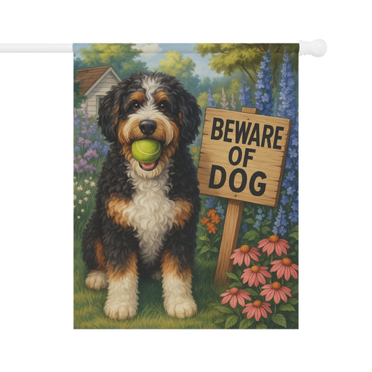Printify Garden Flag 24.5'' × 32'' Funny Bernedoodle Doodle Garden Flag, Beware Dog Front Yard Decor Sign Outdoor