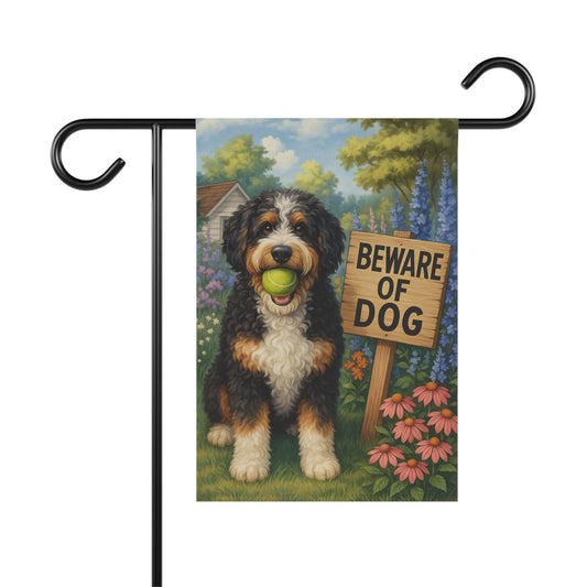 Printify Garden Flag 12'' × 18'' Funny Bernedoodle Doodle Garden Flag, Beware Dog Front Yard Decor Sign Outdoor