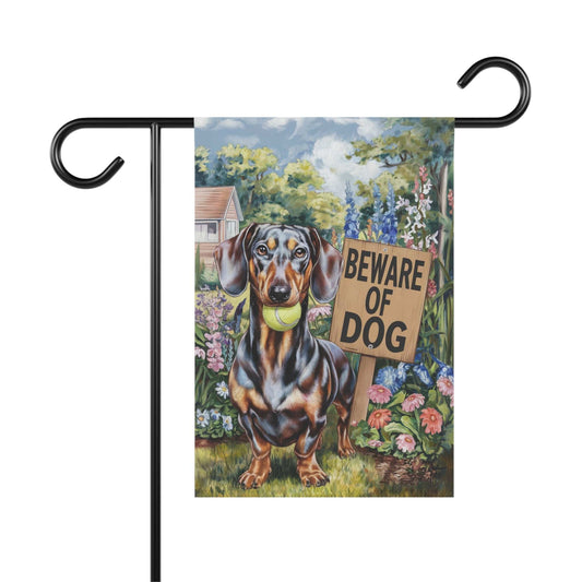 Printify Garden Flag 12'' × 18'' Funny Dachshund Garden Flag, Beware of Dog Yard Decor, Front Yard Dog Sign