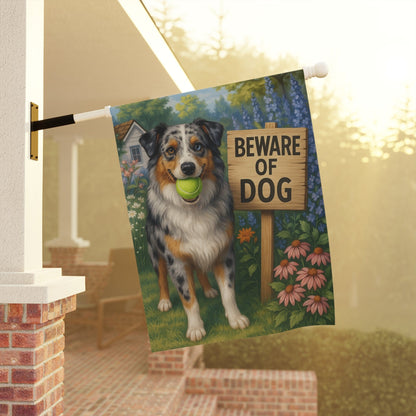 Printify Home Decor Funny Merle Australian Shepherd Garden Flag, Beware of Dog Yard Decor Front Yard Sign Outdoor Spring Decor