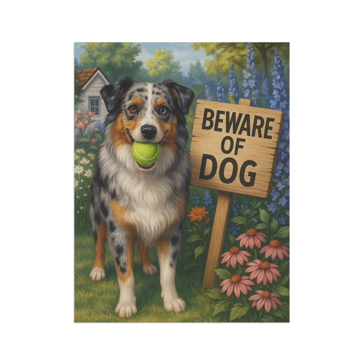 Printify Home Decor Funny Merle Australian Shepherd Garden Flag, Beware of Dog Yard Decor Front Yard Sign Outdoor Spring Decor