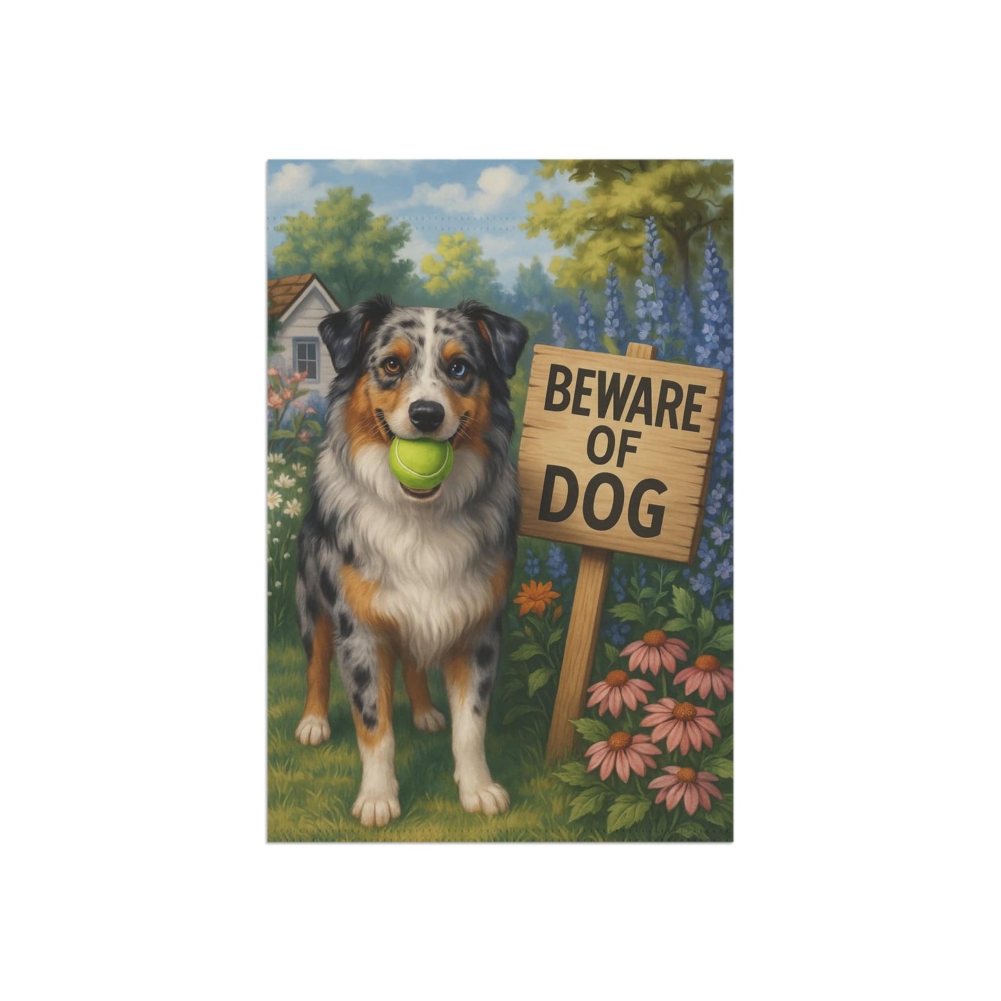 Printify Home Decor Funny Merle Australian Shepherd Garden Flag, Beware of Dog Yard Decor Front Yard Sign Outdoor Spring Decor