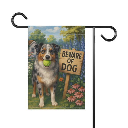 Printify Home Decor Funny Merle Australian Shepherd Garden Flag, Beware of Dog Yard Decor Front Yard Sign Outdoor Spring Decor