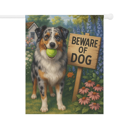 Printify Home Decor 24.5'' × 32'' Funny Merle Australian Shepherd Garden Flag, Beware of Dog Yard Decor Front Yard Sign Outdoor Spring Decor