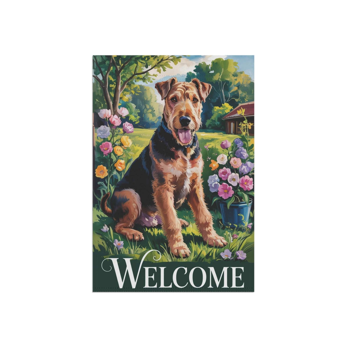 Printify Home Decor Garden Banner, Airedale Terrier Welcome Yard Decor, Housewarming Dog Gift, Dog Mom Dad, New Home Decoration, Flower Garden Gardener, Holiday