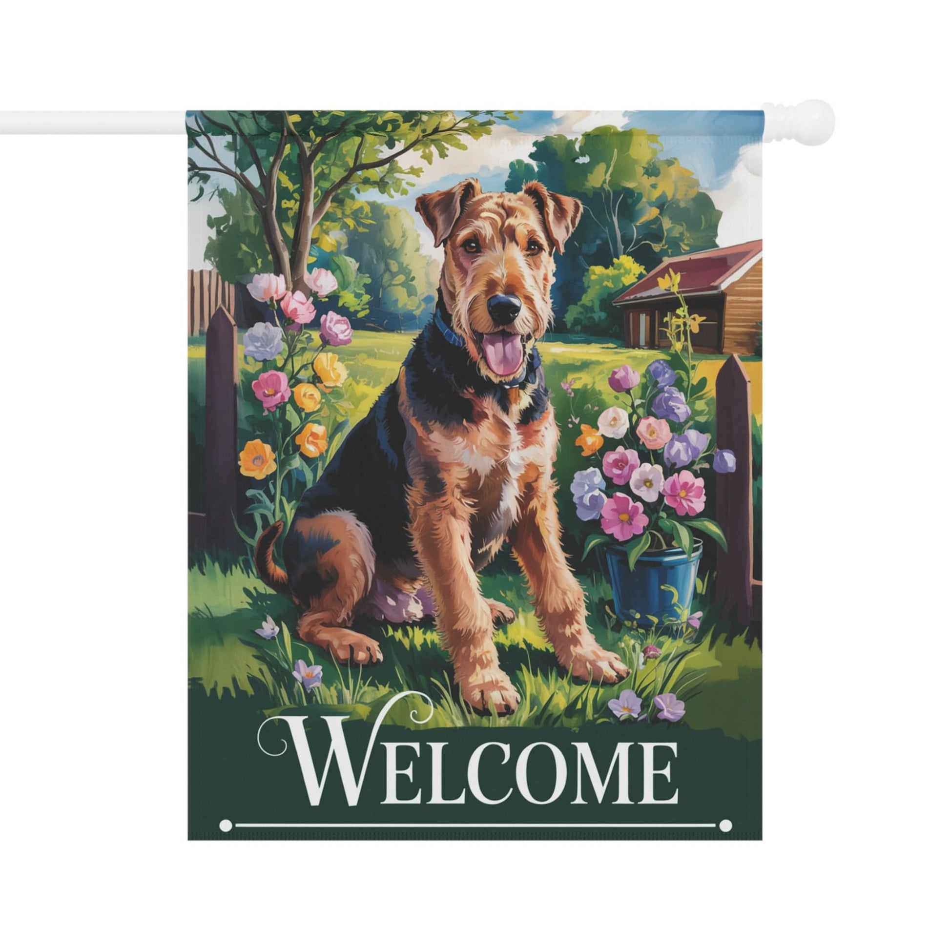 Printify Home Decor 24.5'' × 32'' Garden Banner, Airedale Terrier Welcome Yard Decor, Housewarming Dog Gift, Dog Mom Dad, New Home Decoration, Flower Garden Gardener, Holiday
