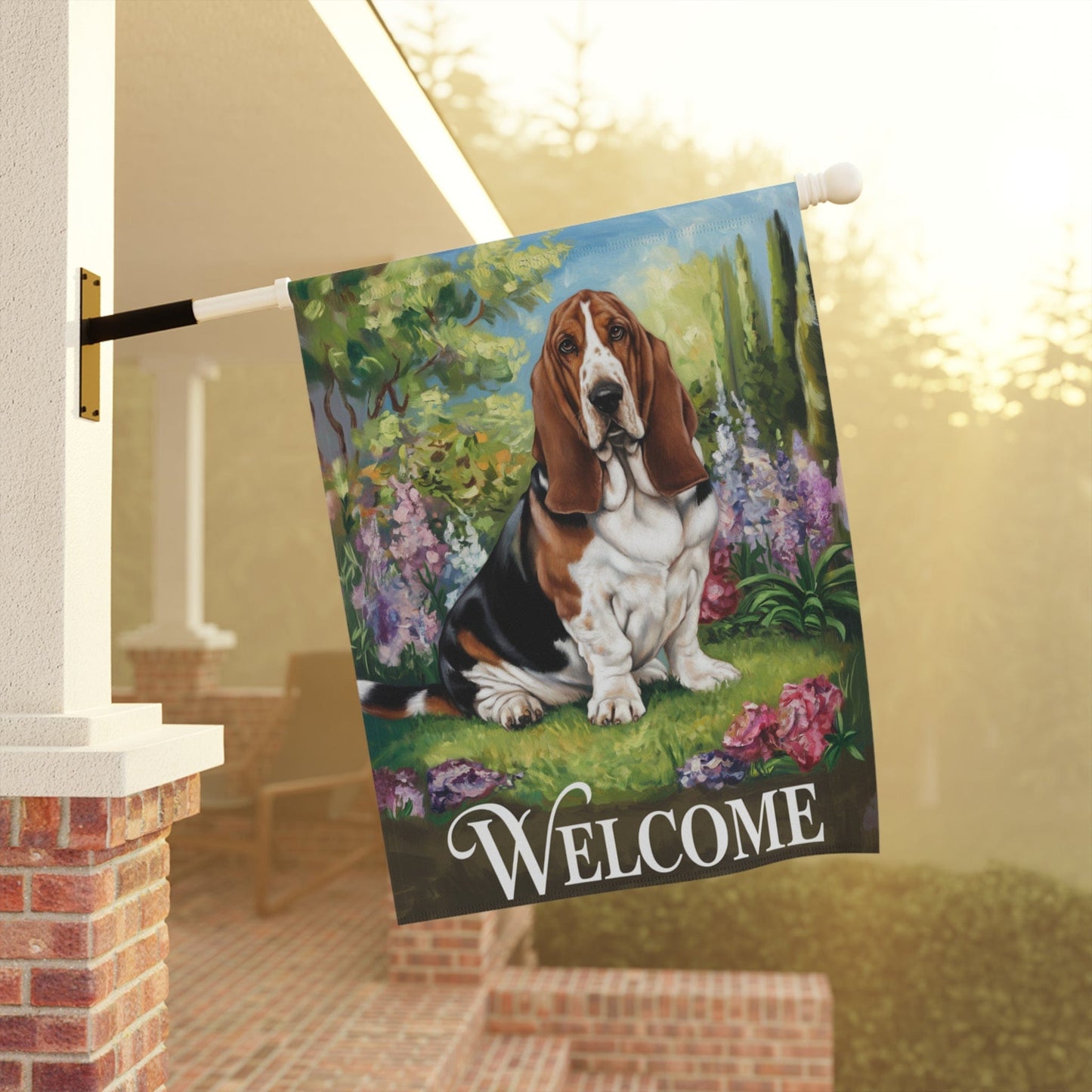 Printify Home Decor Garden Banner, Basset Hound Welcome Yard Decor, Housewarming Dog Gift