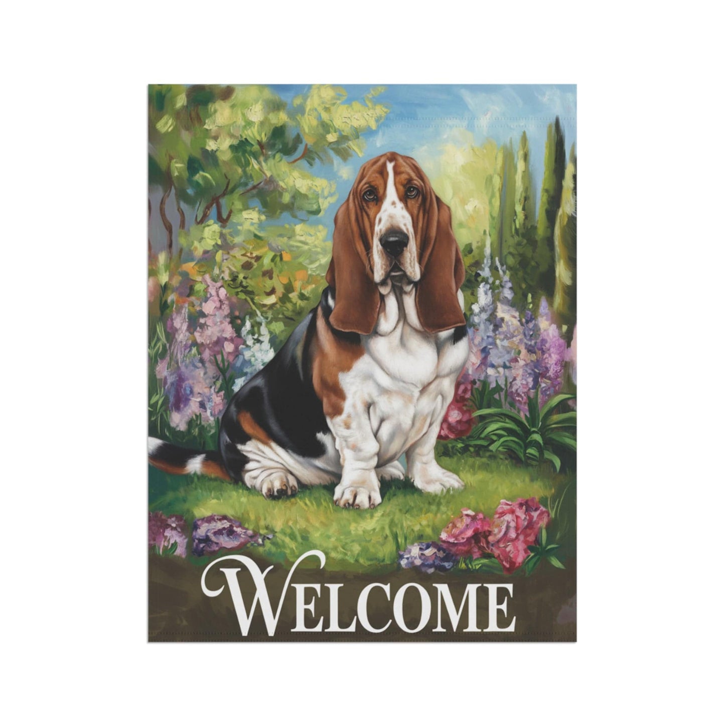 Printify Home Decor Garden Banner, Basset Hound Welcome Yard Decor, Housewarming Dog Gift