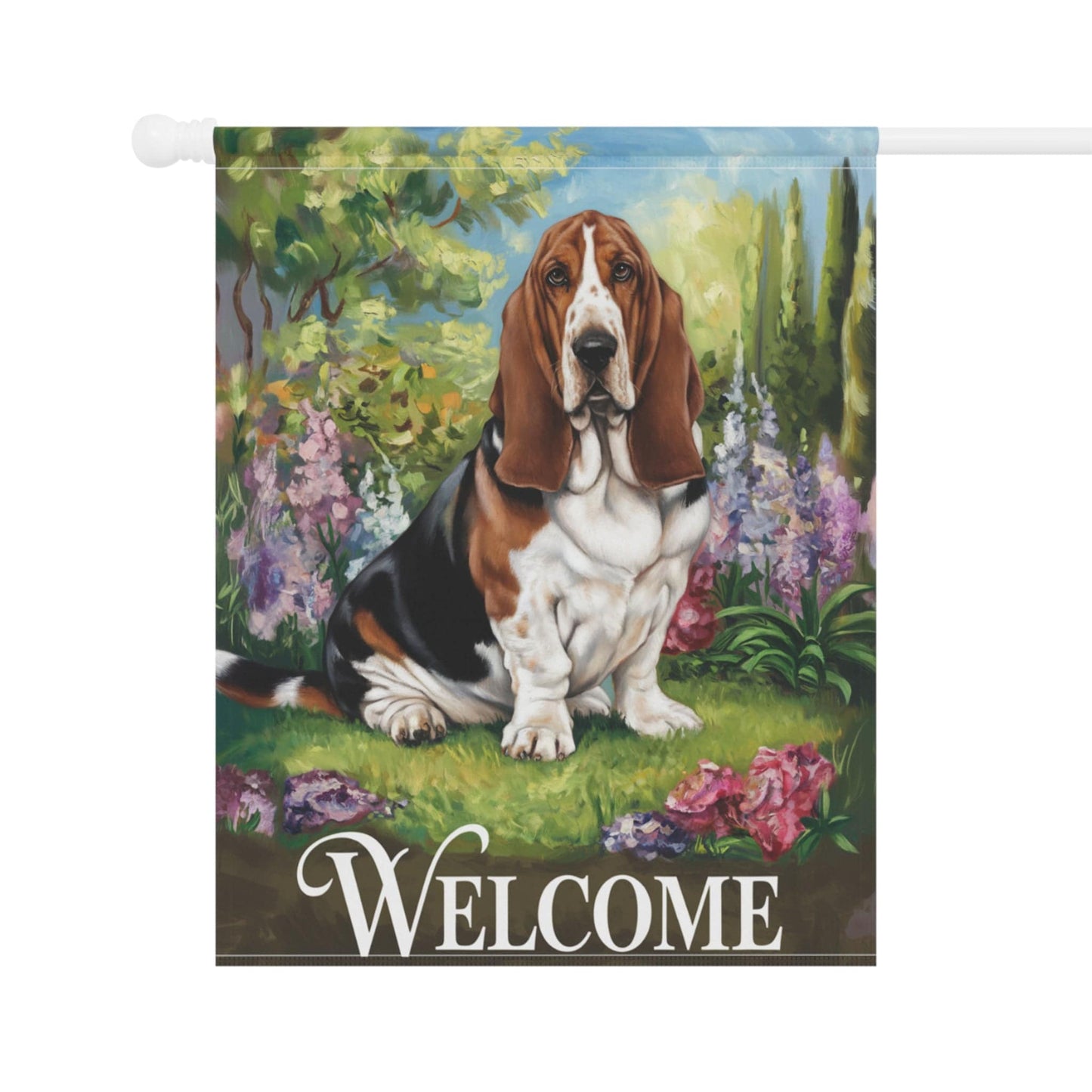 Printify Home Decor Garden Banner, Basset Hound Welcome Yard Decor, Housewarming Dog Gift
