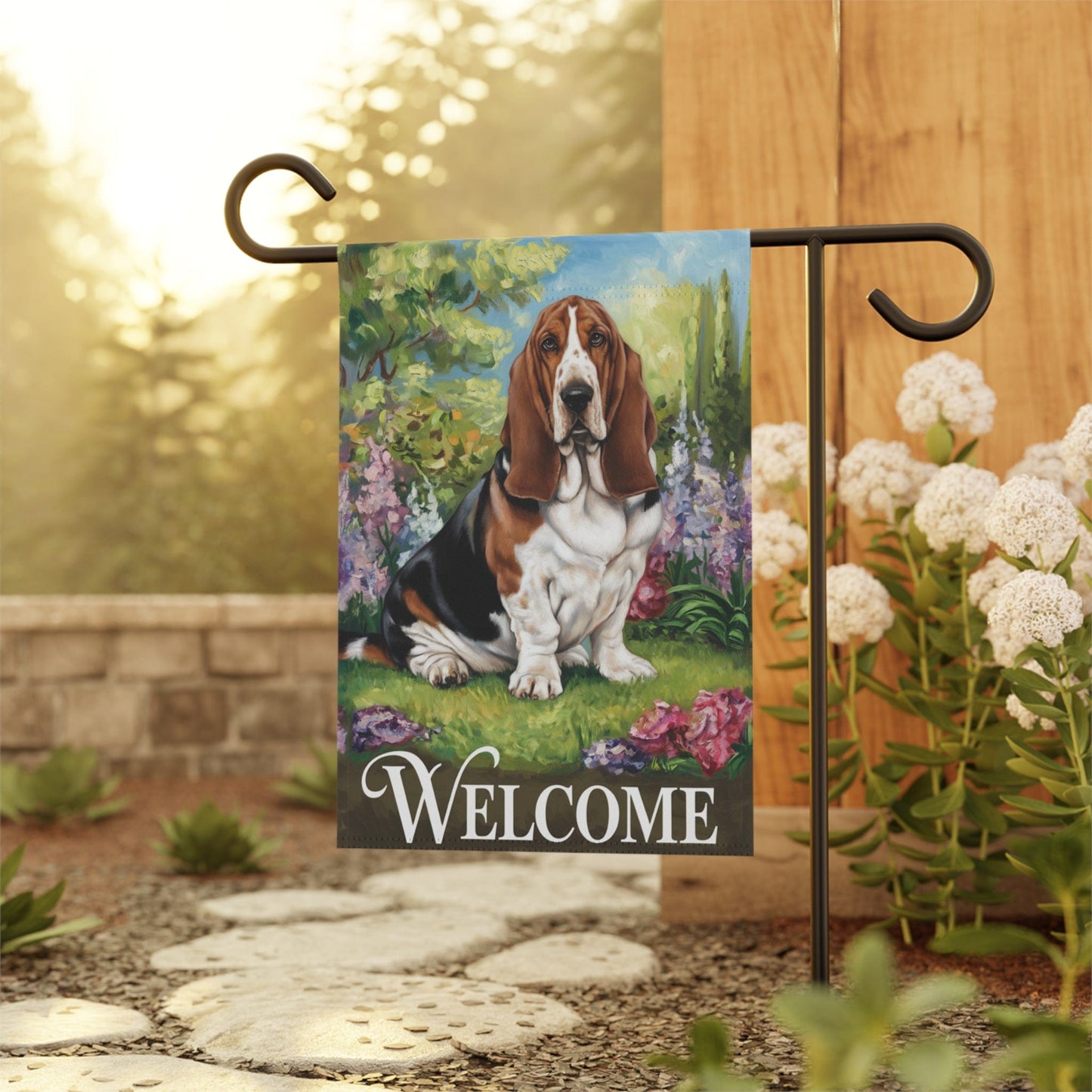Printify Home Decor Garden Banner, Basset Hound Welcome Yard Decor, Housewarming Dog Gift