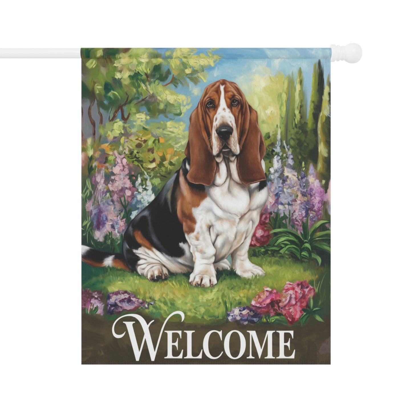 Printify Home Decor 24.5'' × 32'' Garden Banner, Basset Hound Welcome Yard Decor, Housewarming Dog Gift