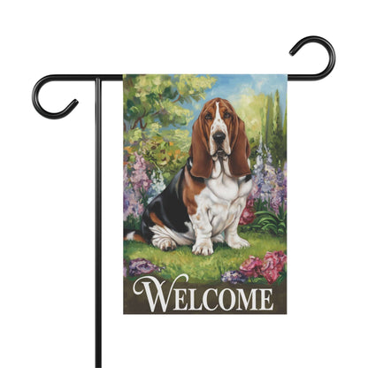 Printify Home Decor 12'' × 18'' Garden Banner, Basset Hound Welcome Yard Decor, Housewarming Dog Gift