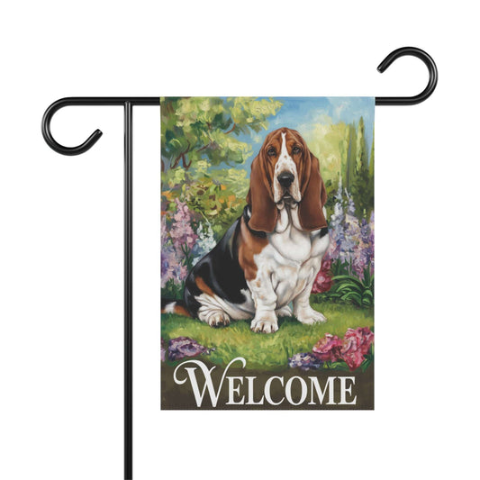 Printify Home Decor 12'' × 18'' Garden Banner, Basset Hound Welcome Yard Decor, Housewarming Dog Gift