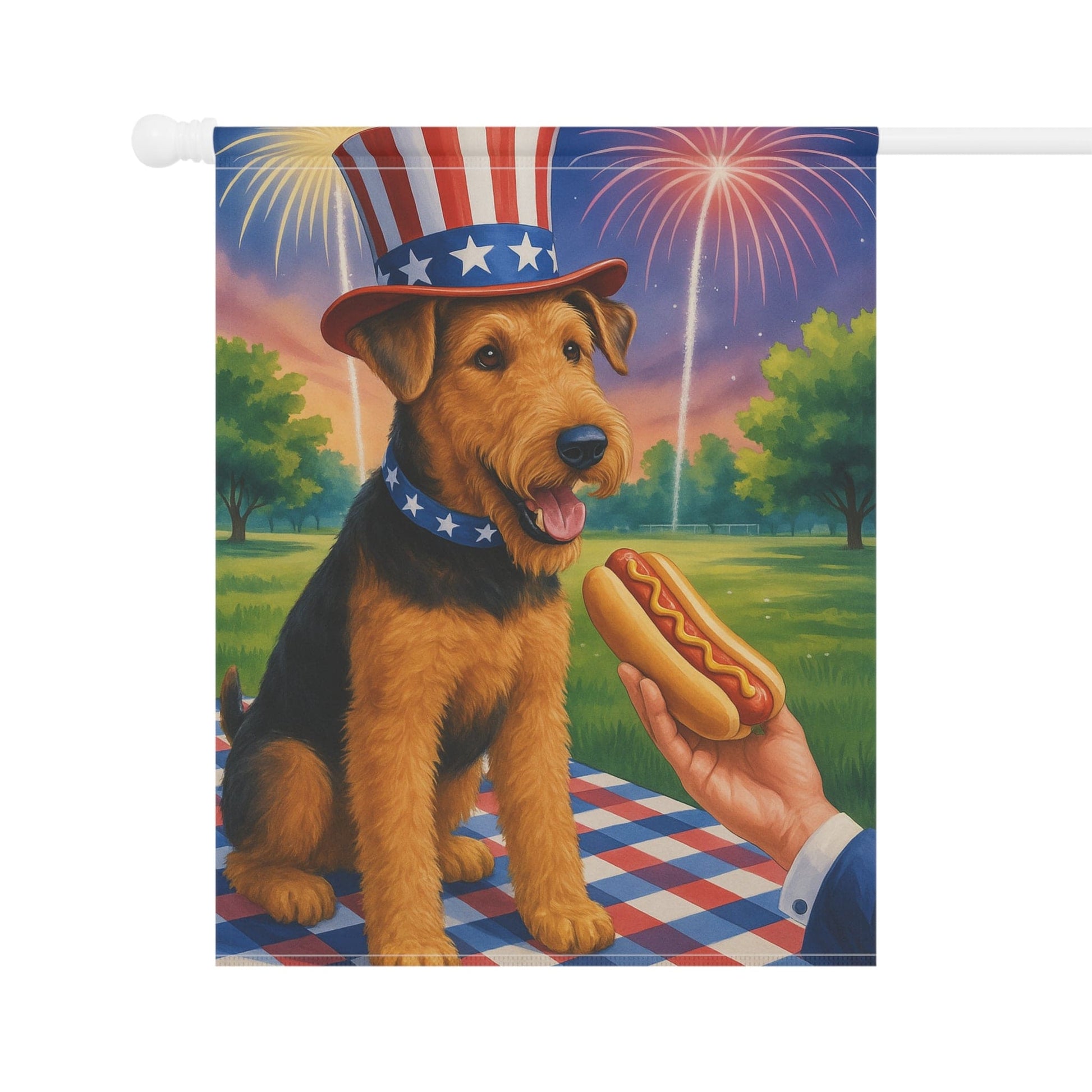 Printify Home Decor Garden Flag, Airedale Terrier 4th of July Yard Decor, Hot Dog Independence Day America, Patriotic Outdoor Banner, Dog Lover Gift