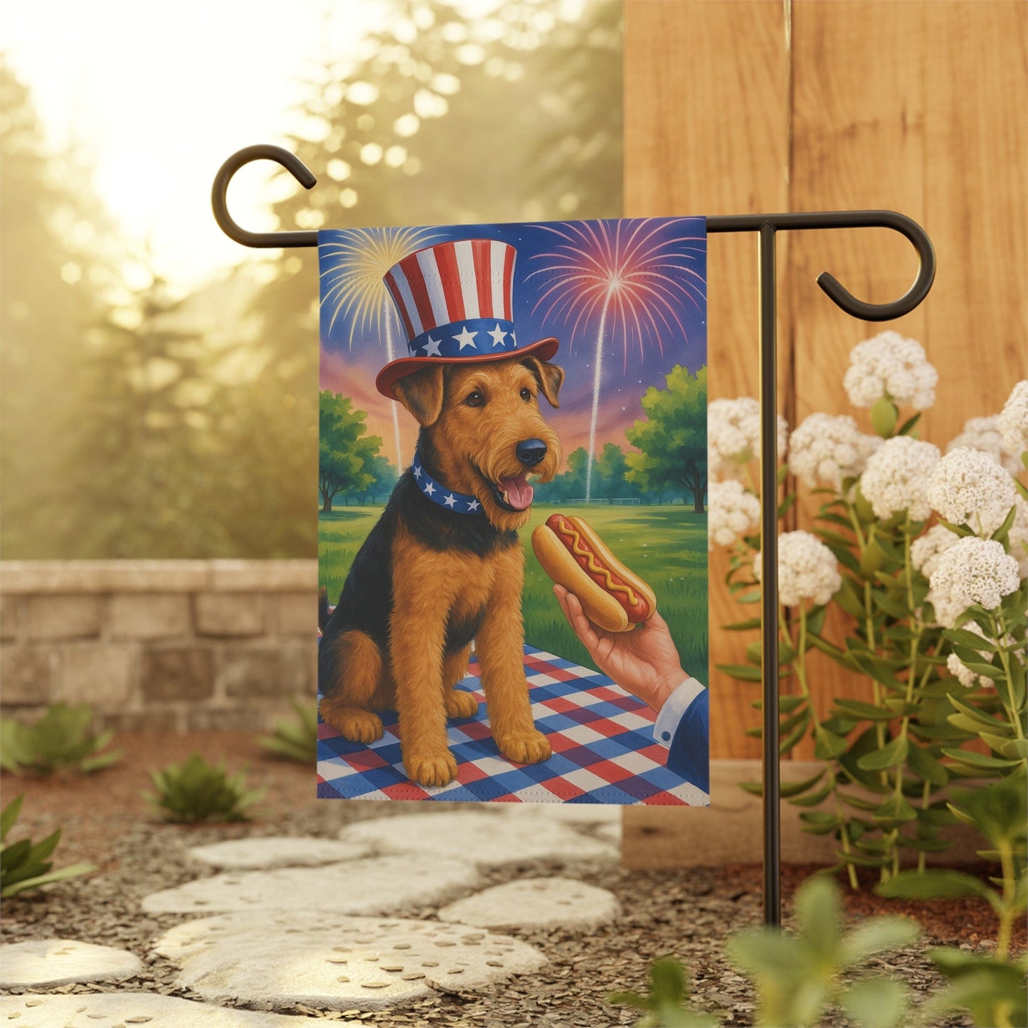 Printify Home Decor Garden Flag, Airedale Terrier 4th of July Yard Decor, Hot Dog Independence Day America, Patriotic Outdoor Banner, Dog Lover Gift