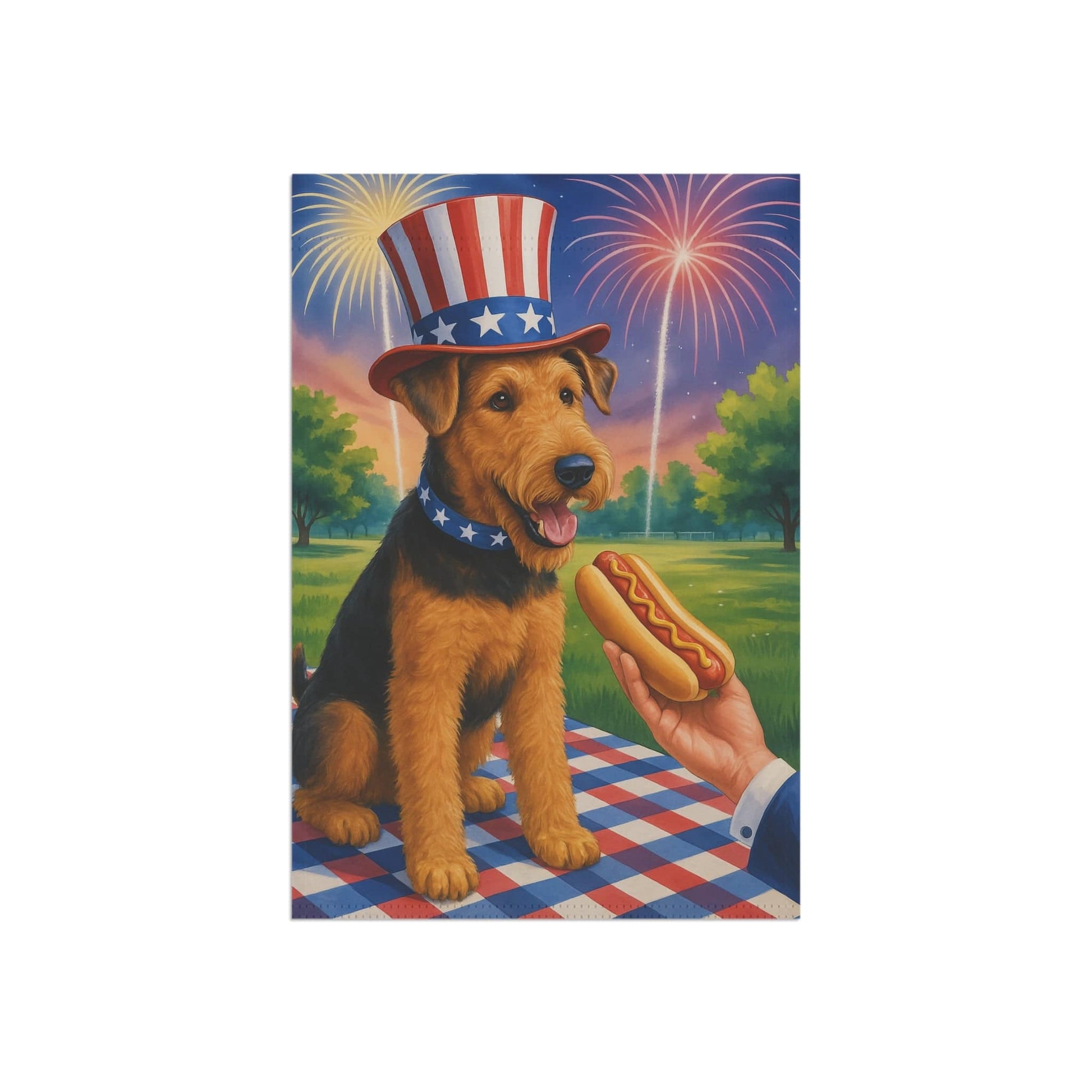 Printify Home Decor Garden Flag, Airedale Terrier 4th of July Yard Decor, Hot Dog Independence Day America, Patriotic Outdoor Banner, Dog Lover Gift