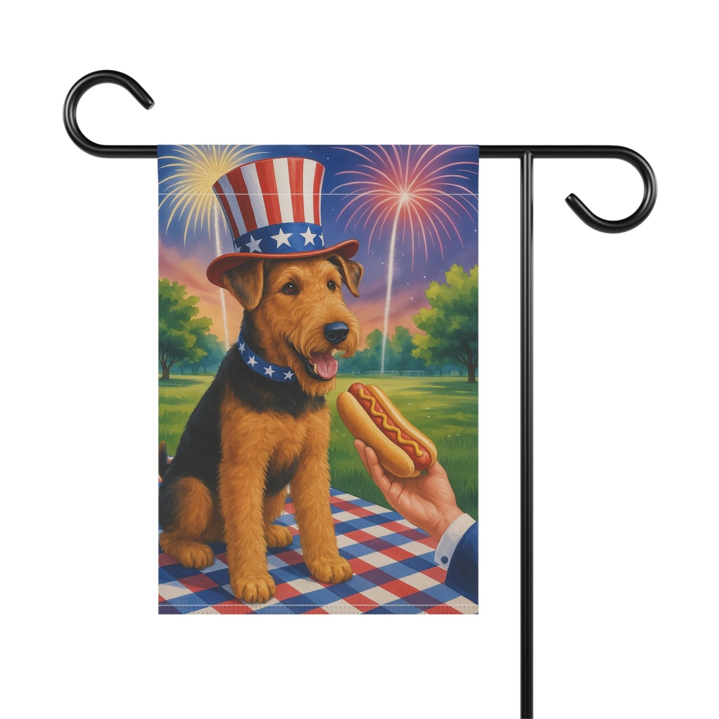 Printify Home Decor Garden Flag, Airedale Terrier 4th of July Yard Decor, Hot Dog Independence Day America, Patriotic Outdoor Banner, Dog Lover Gift