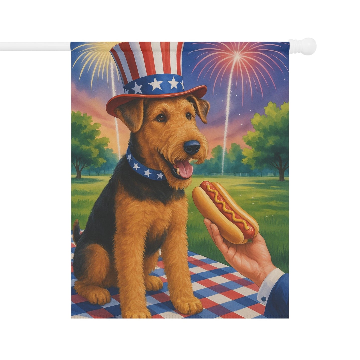 Printify Home Decor 24.5'' × 32'' Garden Flag, Airedale Terrier 4th of July Yard Decor, Hot Dog Independence Day America, Patriotic Outdoor Banner, Dog Lover Gift