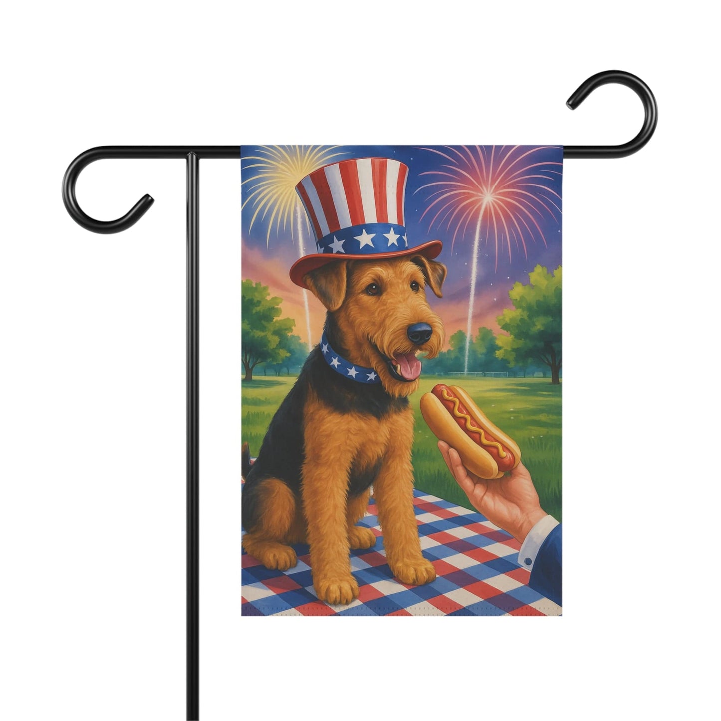 Printify Home Decor 12'' × 18'' Garden Flag, Airedale Terrier 4th of July Yard Decor, Hot Dog Independence Day America, Patriotic Outdoor Banner, Dog Lover Gift