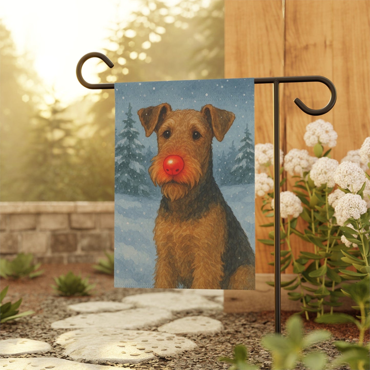 Printify Home Decor Garden Flag, Airedale Terrier Christmas Decor, Reindeer Funny Yard Decorations