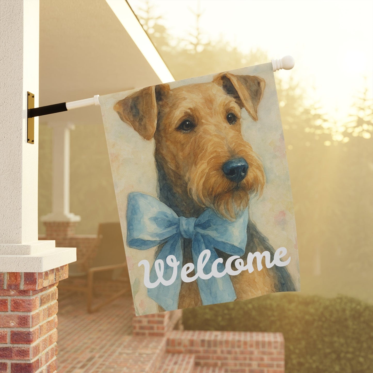 Printify Home Decor Garden Flag, Airedale Terrier Coquette Blue Decor, Pastel Yard Decorations