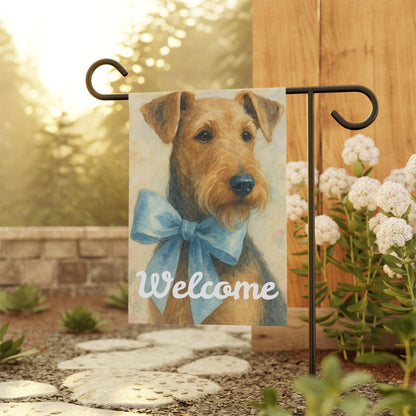 Printify Home Decor Garden Flag, Airedale Terrier Coquette Blue Decor, Pastel Yard Decorations