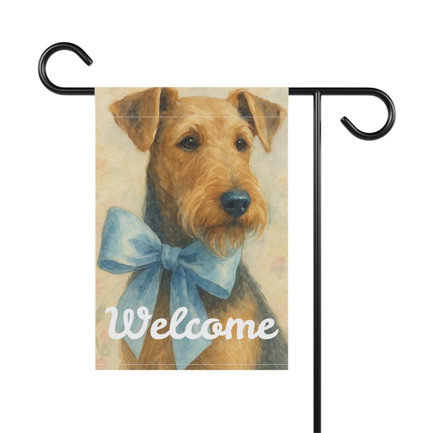 Printify Home Decor Garden Flag, Airedale Terrier Coquette Blue Decor, Pastel Yard Decorations
