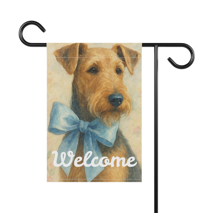 Printify Home Decor Garden Flag, Airedale Terrier Coquette Blue Decor, Pastel Yard Decorations