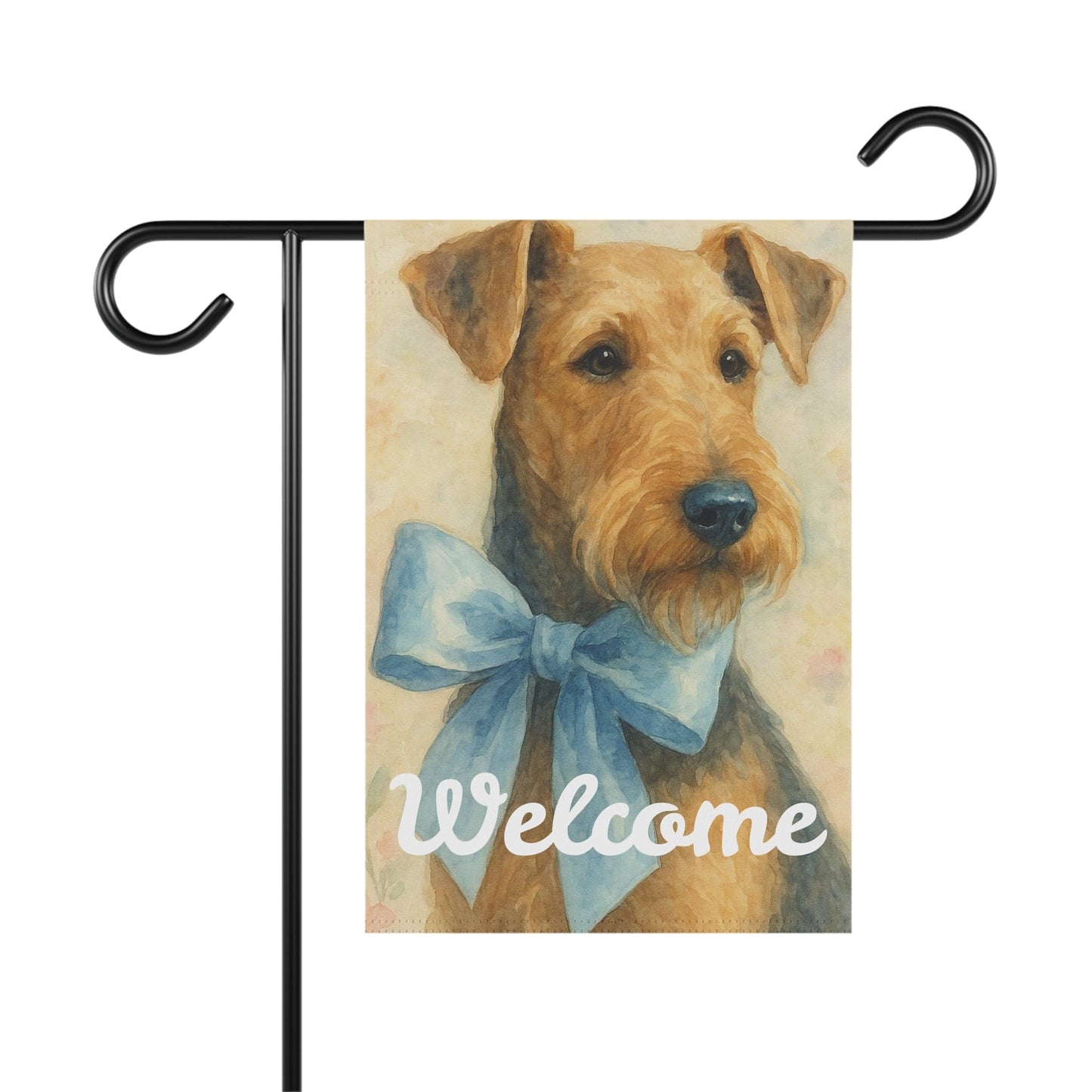 Printify Home Decor 12'' × 18'' Garden Flag, Airedale Terrier Coquette Blue Decor, Pastel Yard Decorations