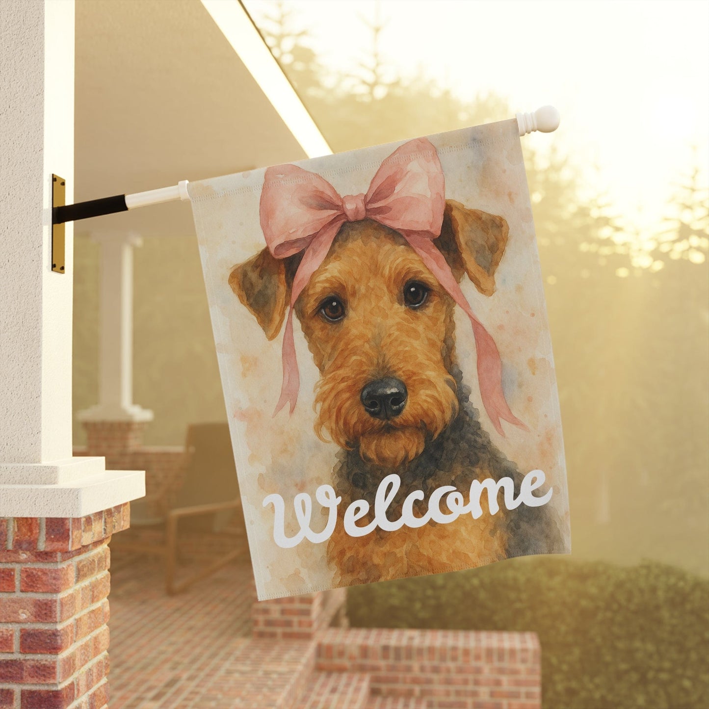 Printify Home Decor Garden Flag, Airedale Terrier Coquette Decor, Pastel Yard Decorations