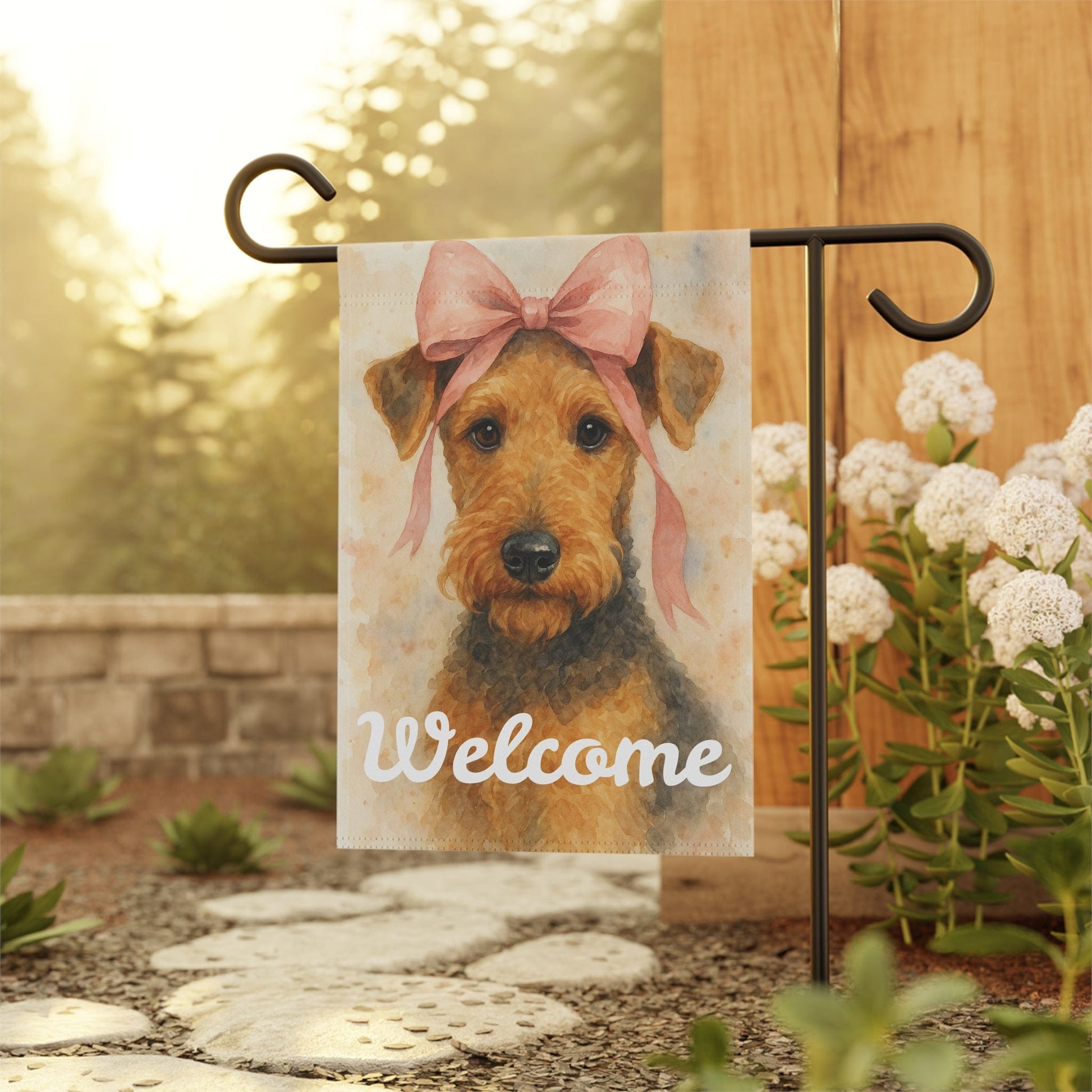 Printify Home Decor Garden Flag, Airedale Terrier Coquette Decor, Pastel Yard Decorations