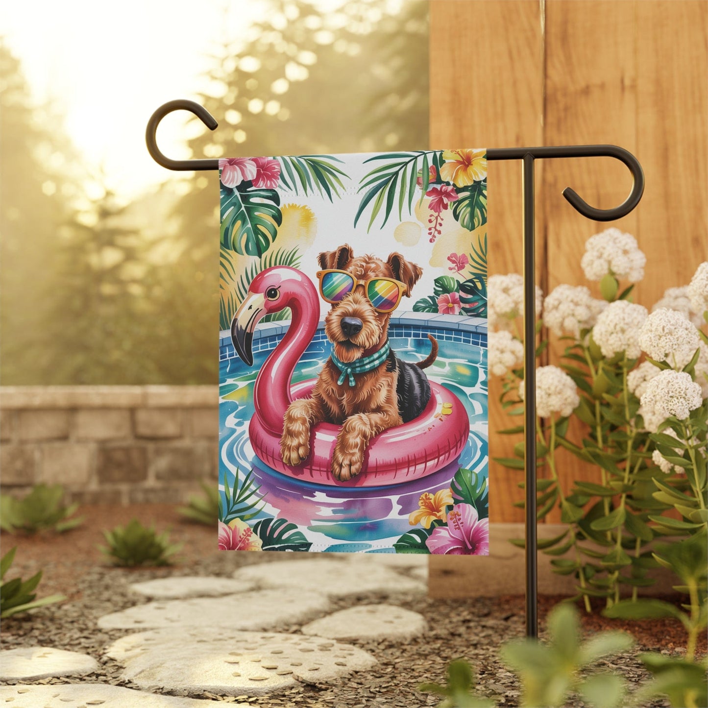 Printify Home Decor Garden Flag, Airedale Terrier Dog Yard Decor, Hello Summer Pool Party, Outdoor Lover Housewarming New Home Outdoor Banner