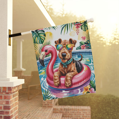 Printify Home Decor Garden Flag, Airedale Terrier Dog Yard Decor, Hello Summer Pool Party, Outdoor Lover Housewarming New Home Outdoor Banner