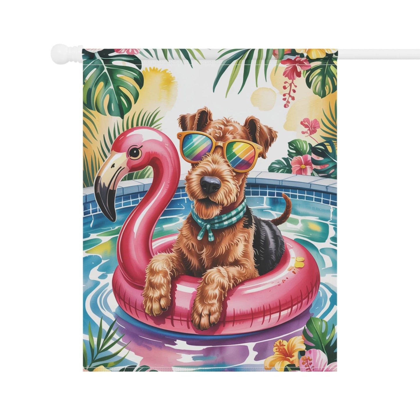 Printify Home Decor Garden Flag, Airedale Terrier Dog Yard Decor, Hello Summer Pool Party, Outdoor Lover Housewarming New Home Outdoor Banner