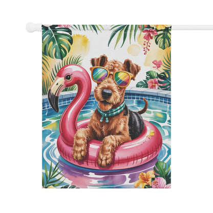 Printify Home Decor Garden Flag, Airedale Terrier Dog Yard Decor, Hello Summer Pool Party, Outdoor Lover Housewarming New Home Outdoor Banner