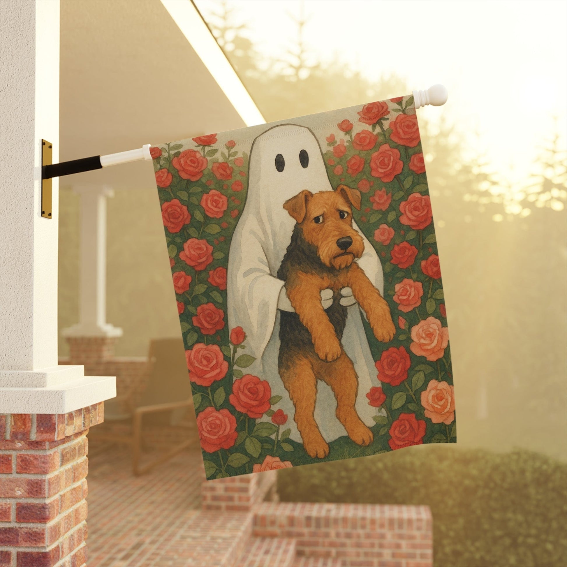 Printify Home Decor Garden Flag, Airedale Terrier Ghost Yard Decor, funny Halloween Outside Decorations
