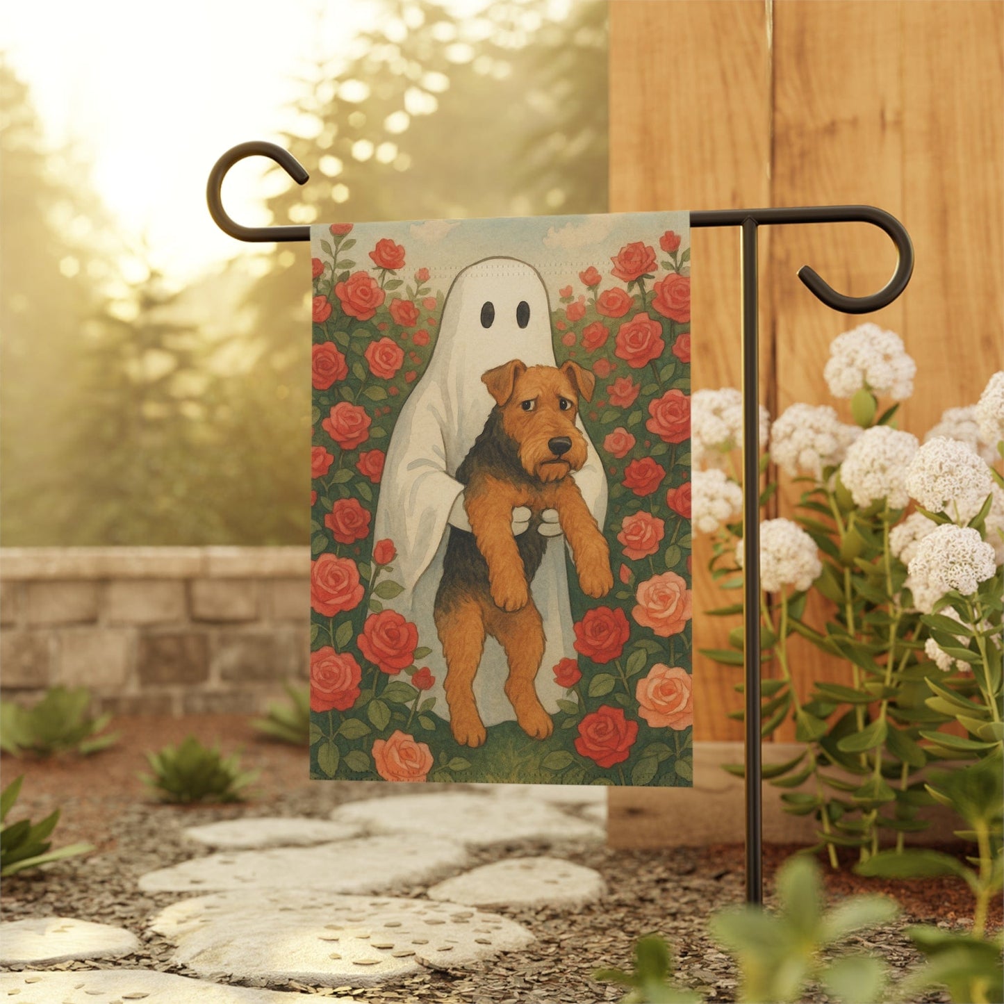 Printify Home Decor Garden Flag, Airedale Terrier Ghost Yard Decor, funny Halloween Outside Decorations