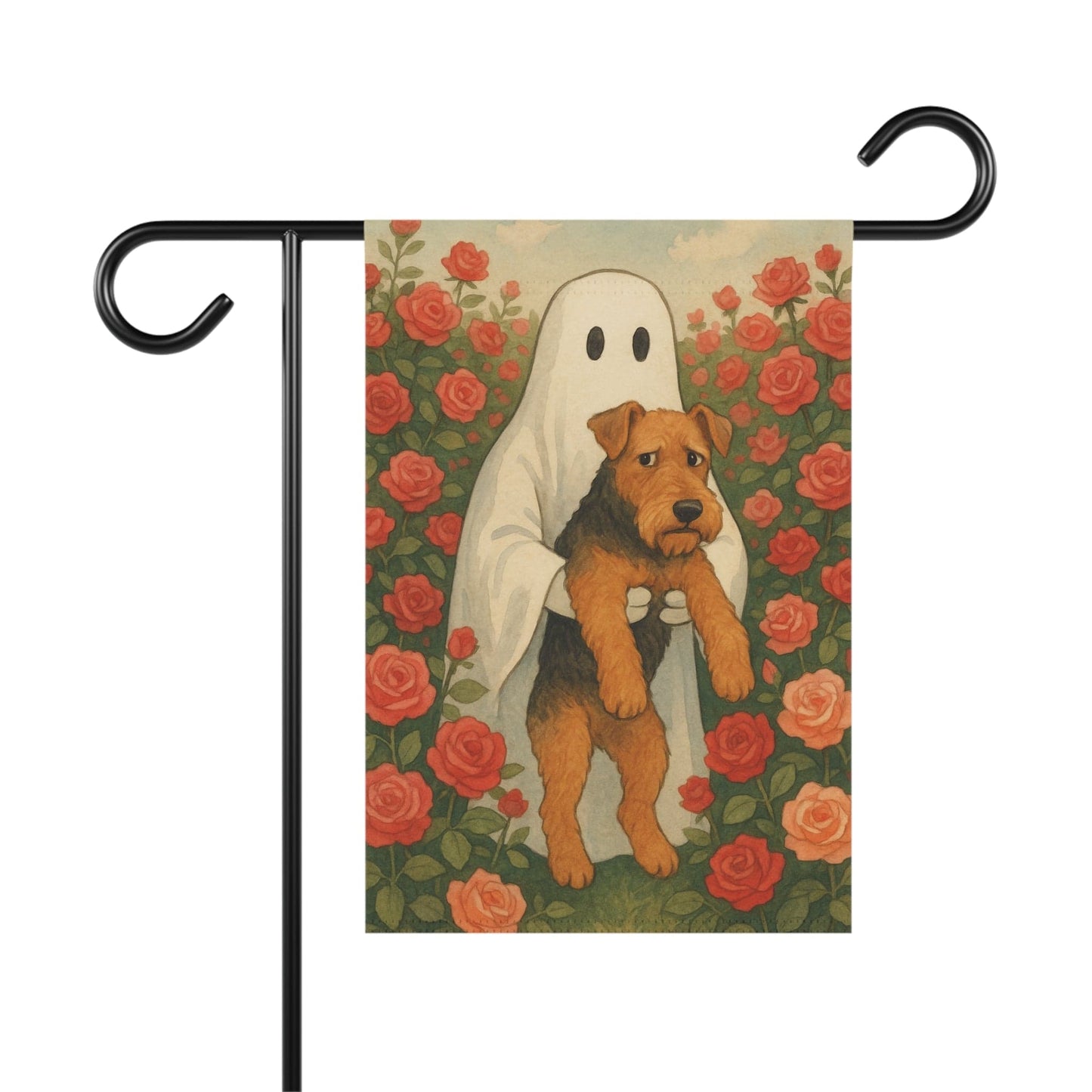 Printify Home Decor 12'' × 18'' Garden Flag, Airedale Terrier Ghost Yard Decor, funny Halloween Outside Decorations