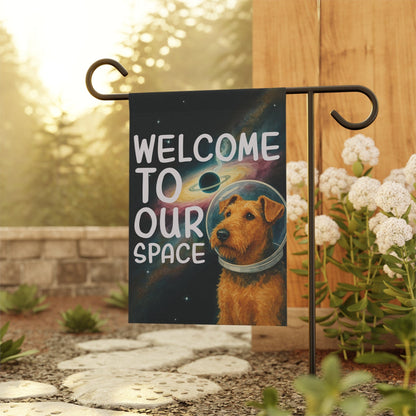 Printify Home Decor Garden Flag, Airedale Terrier Space Lover Banner, Astronaut Decor, Outer Space Decoration, House Flag Dog Lover, Gardeners Housewarming Gift