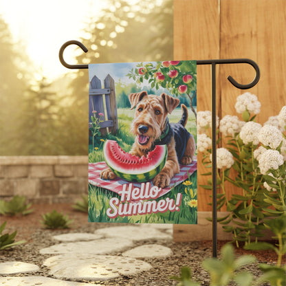 Printify Home Decor Garden Flag, Airedale Terrier Watermelon Hello Summer Yard Sign, Picnic Housewarming Decor, Dog Mom Dad Gift, New Home Banner