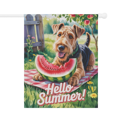 Printify Home Decor 24.5'' × 32'' Garden Flag, Airedale Terrier Watermelon Hello Summer Yard Sign, Picnic Housewarming Decor, Dog Mom Dad Gift, New Home Banner