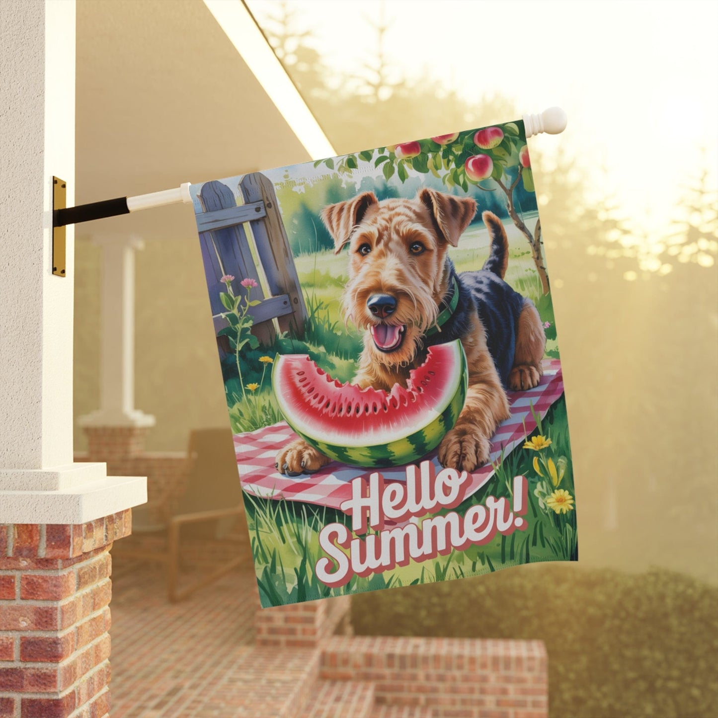 Printify Home Decor Garden Flag, Airedale Terrier Watermelon Hello Summer Yard Sign, Picnic Housewarming Decor, Dog Mom Dad Gift, New Home Banner