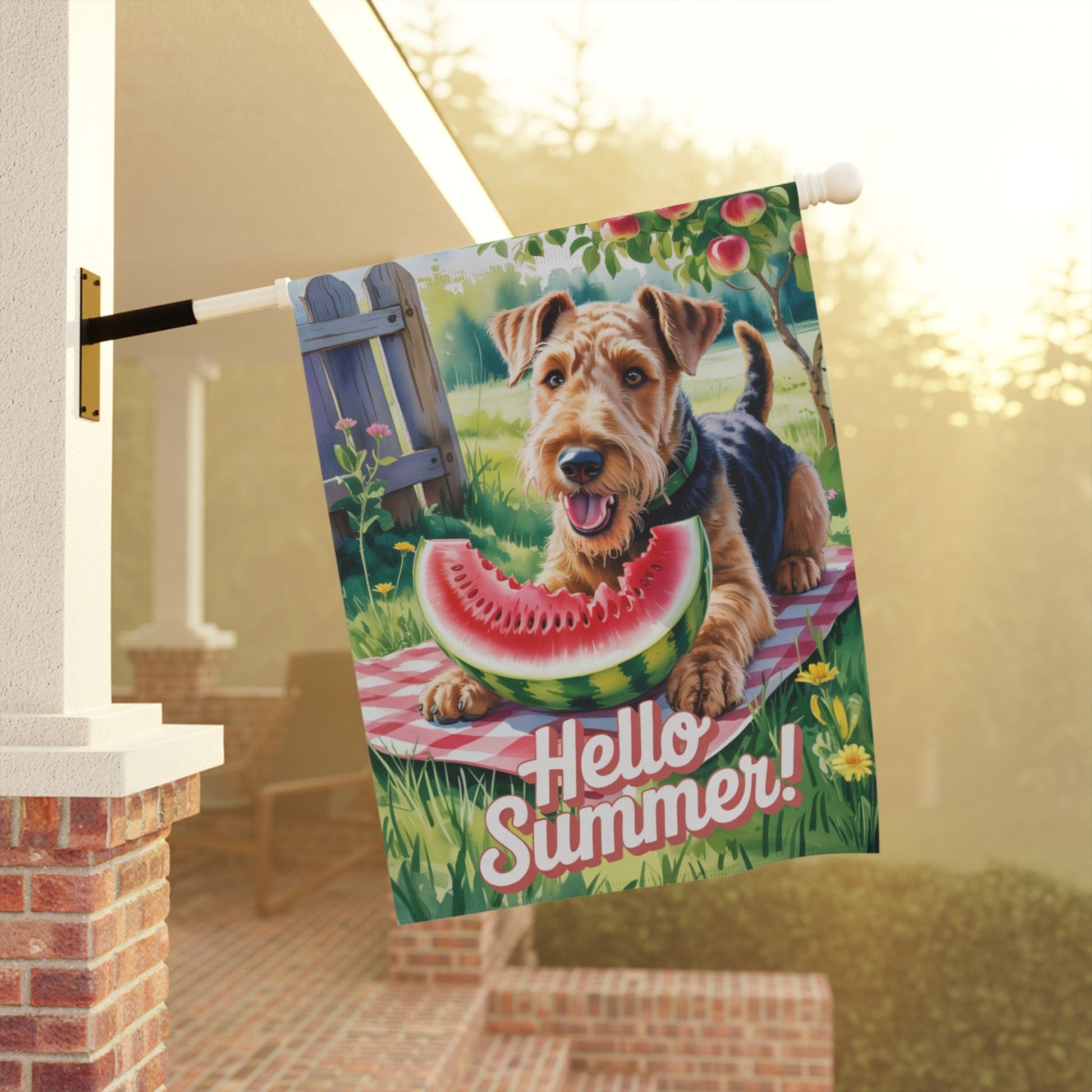 Printify Home Decor Garden Flag, Airedale Terrier Watermelon Hello Summer Yard Sign, Picnic Housewarming Decor, Dog Mom Dad Gift, New Home Banner