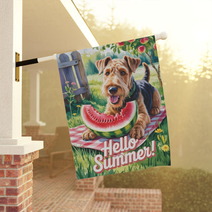 Printify Home Decor Garden Flag, Airedale Terrier Watermelon Hello Summer Yard Sign, Picnic Housewarming Decor, Dog Mom Dad Gift, New Home Banner